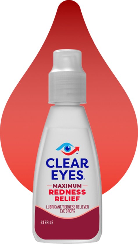 Clear Eyes Redness Relief – effectieve oogdruppels tegen rode ogen, productfoto met rode achtergrond