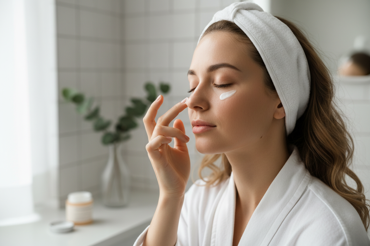 een vrouw die voor zichzelf zorgt (selfcare) gefocust op haar ogen